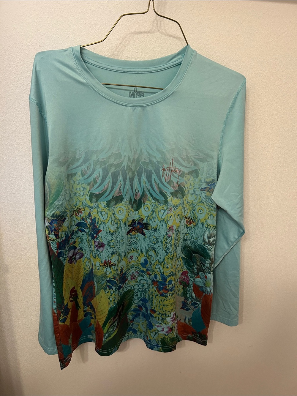 Guy Harvey Teal Floral-Feather Long Sleeve Performance Tee